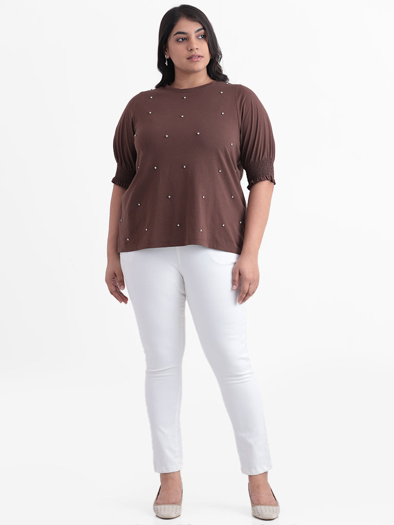 Gia Brown Embroidered Relaxed Fit T-Shirt