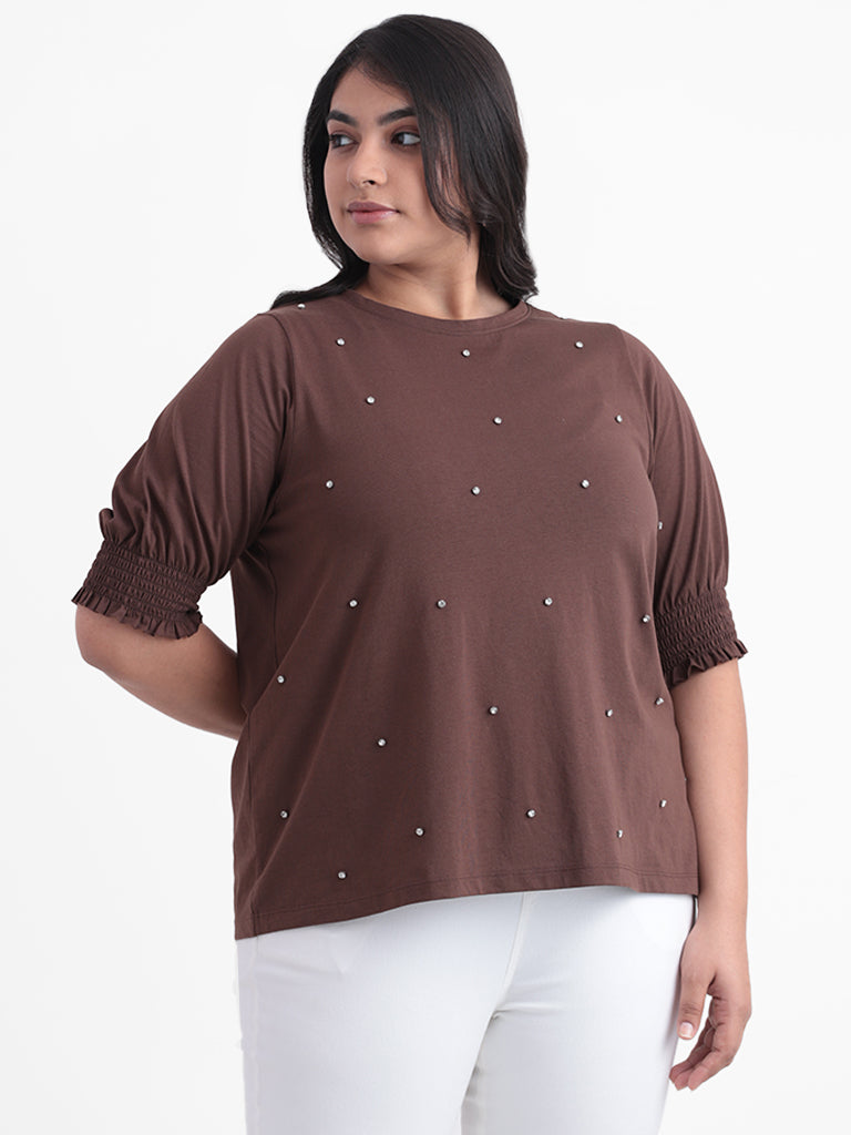 Gia Brown Embroidered Relaxed Fit T-Shirt