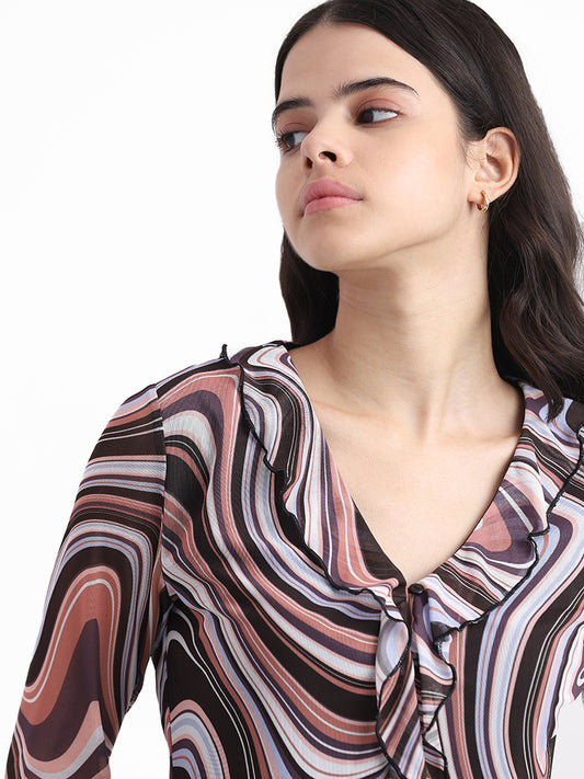 Nuon Brown Multicolor Printed Slim Fit Blouse