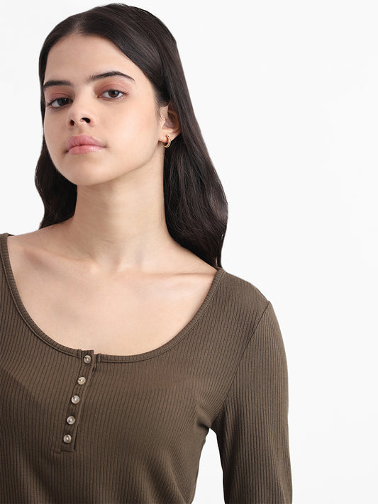 Nuon Olive Ribbed Relaxed Fit Top