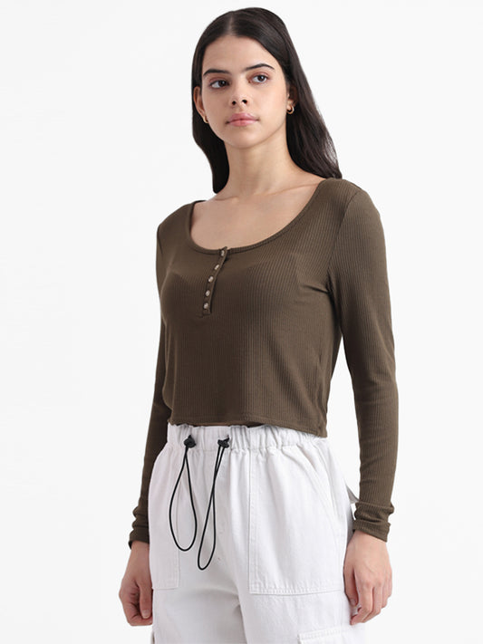 Nuon Olive Ribbed Relaxed Fit Top