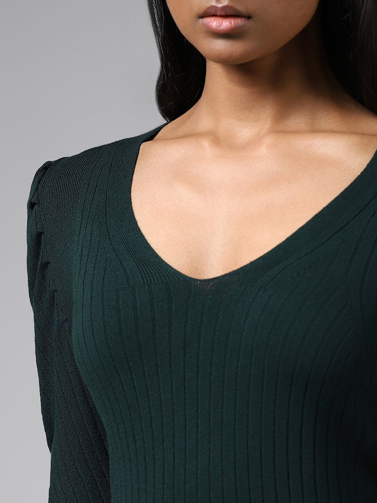 Wardrobe Emerald Green Self-Striped Ruched Sleeves Sweater