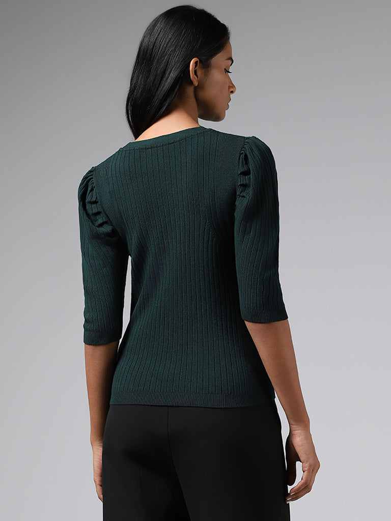 Wardrobe Emerald Green Self-Striped Ruched Sleeves Sweater