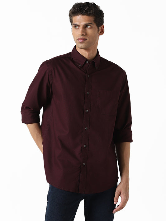 WES Casuals Solid Wine Relaxed Fit Shirt