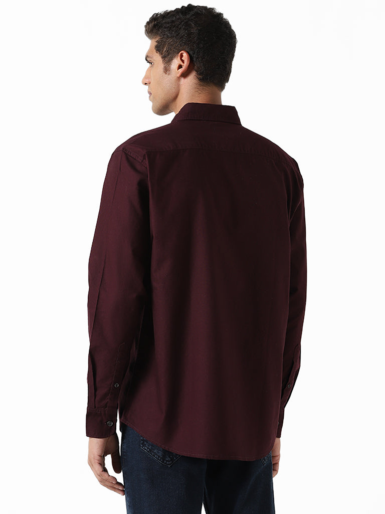WES Casuals Solid Wine Relaxed Fit Shirt