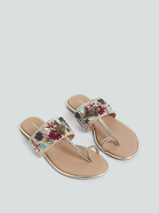 LUNA BLU Beige Floral Embroidered Kolhapur Leather Sandals