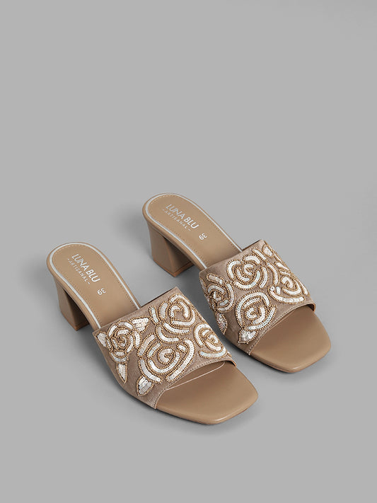 LUNA BLU Beige Embroidered Block Leather Heel Sandals