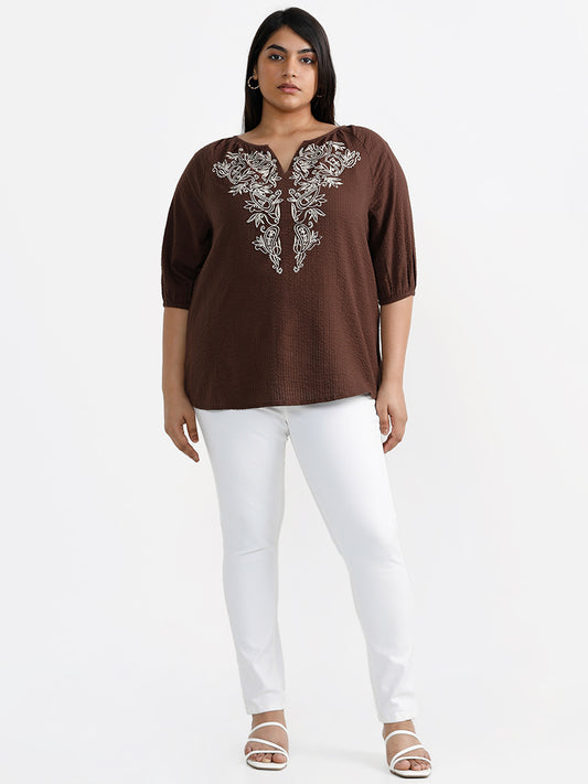 Gia Mango Motif Embroidered Brown Blouse