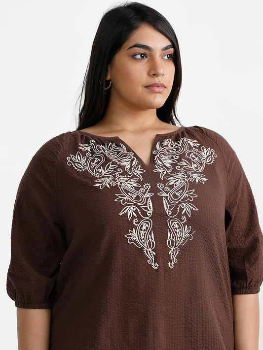 Gia Mango Motif Embroidered Brown Blouse