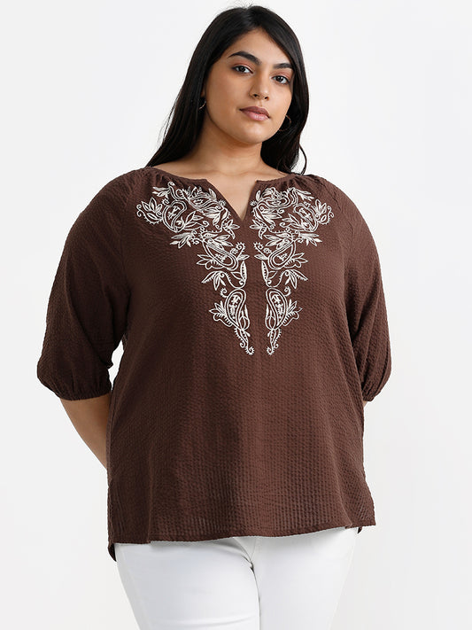 Gia Mango Motif Embroidered Brown Blouse