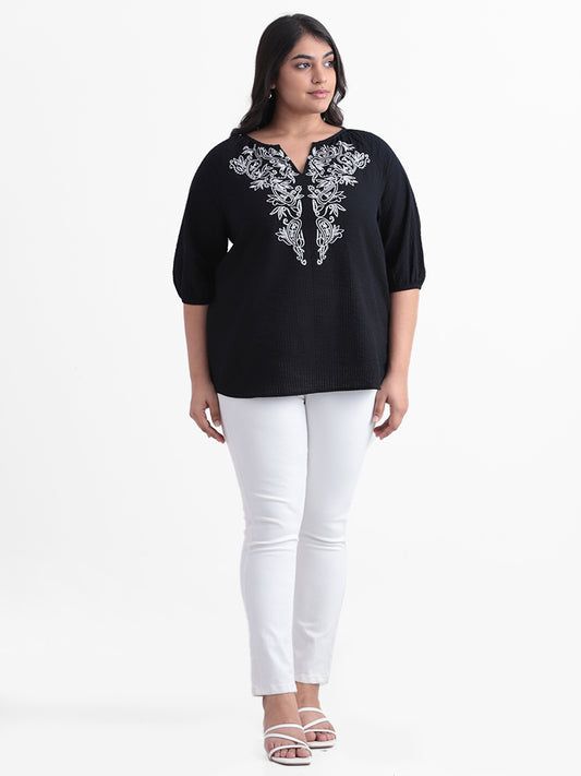 Gia Black Embroidered Relaxed Fit Blouse