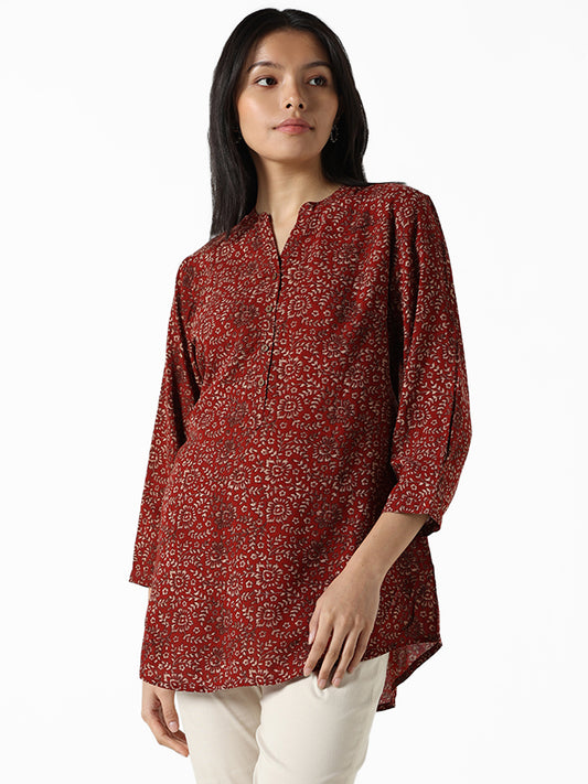 Utsa Brick Red Floral Printed Straight Tunic