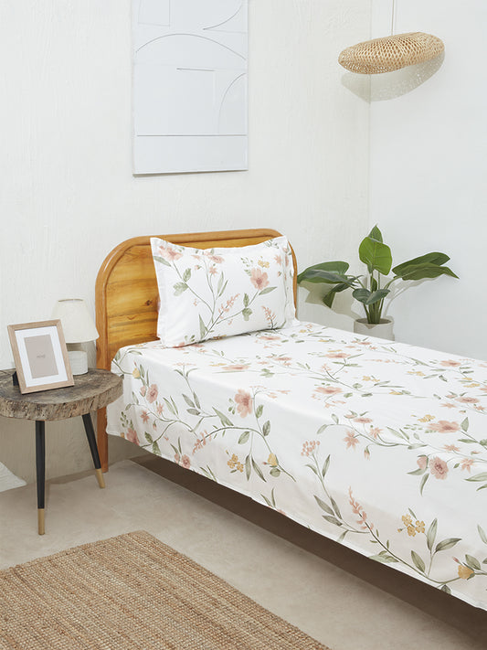Westside Home Floral Shrimp Pink Single-Bed Flat Sheet and Pillowcase Set