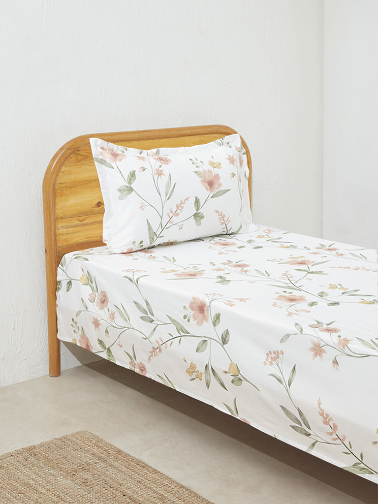 Westside Home Floral Shrimp Pink Single-Bed Flat Sheet and Pillowcase Set