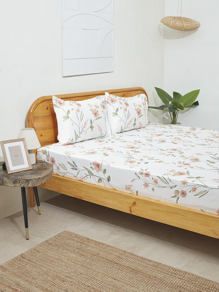 Westside Home Floral Shrimp Pink Double Bed Flat Sheet and Pillowcase Set
