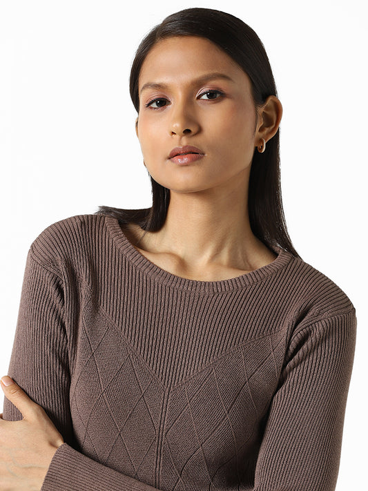 Wardrobe Solid Taupe Self Patterned Sweater