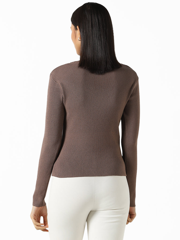 Wardrobe Solid Taupe Self Patterned Sweater