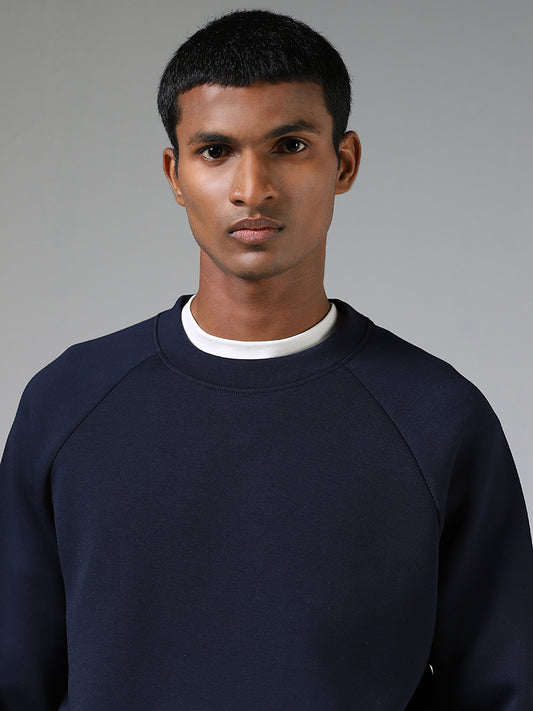Studiofit Solid Navy Ribbed Relaxed-Fit Sweatshirt