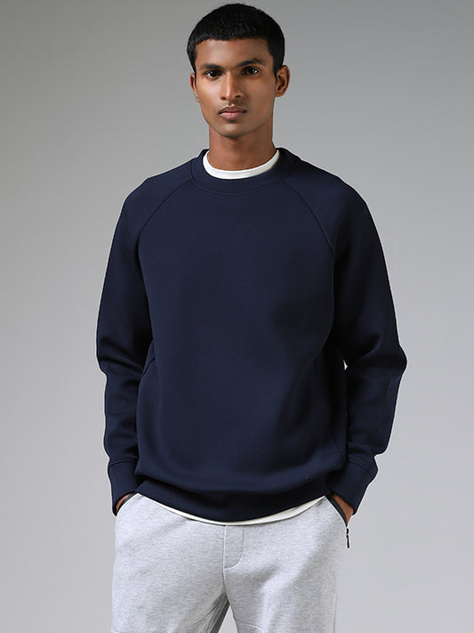 Studiofit Solid Navy Blue Ribbed Relaxed Fit Sweatshirt