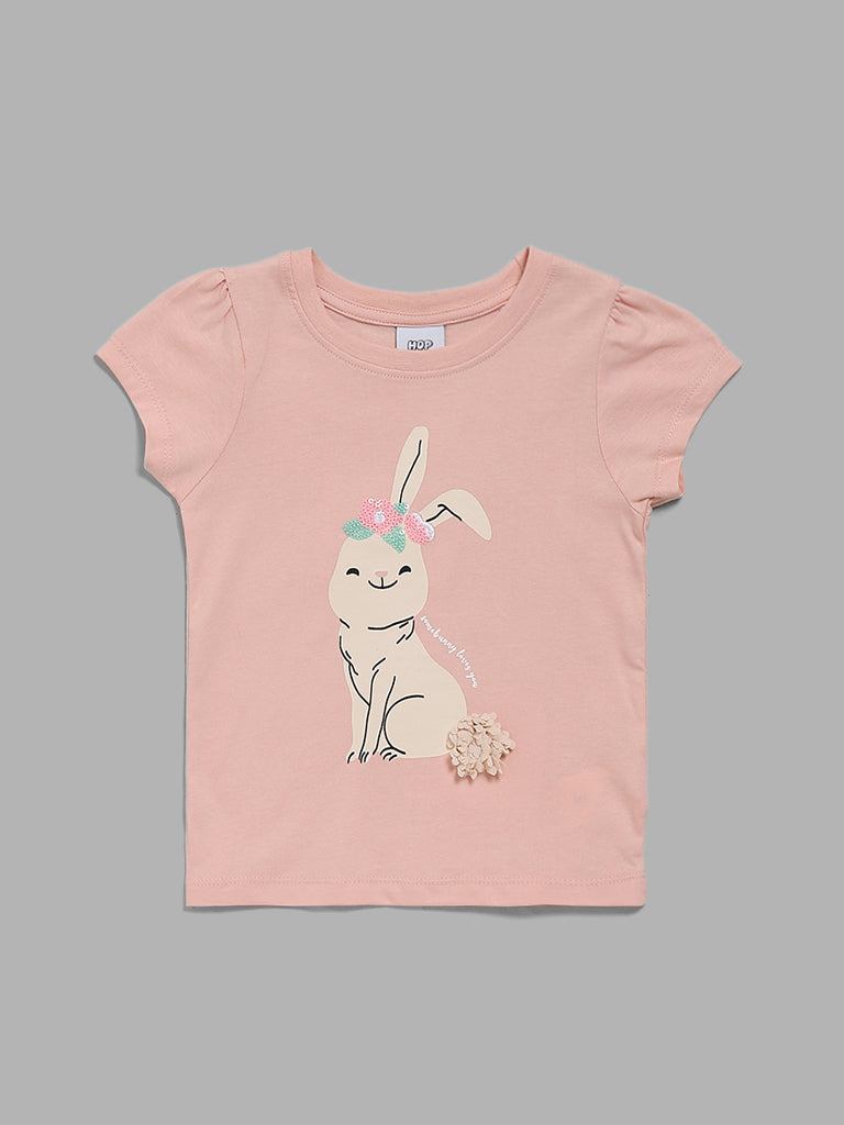 HOP Kids Peach Bunny Printed T-Shirt