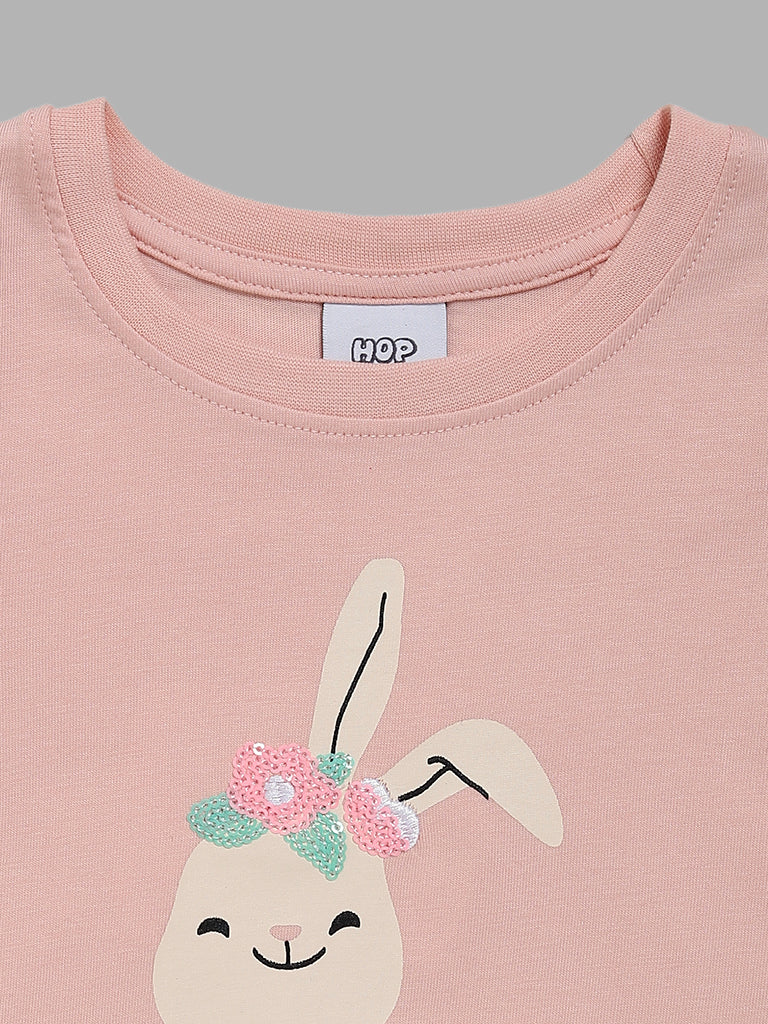 HOP Kids Peach Bunny Printed T-Shirt