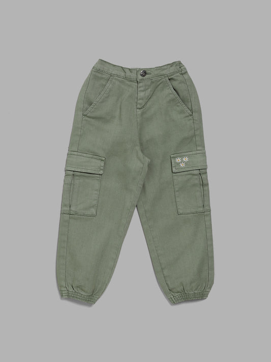 HOP Kids Olive Green Floral Embroidered Cargo Joggers