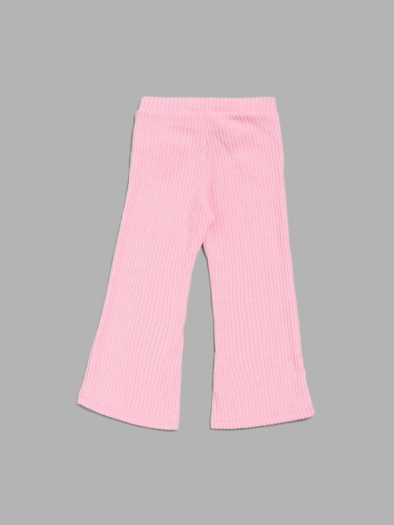 HOP Kids Pink Self-Striped Bootcut Trousers