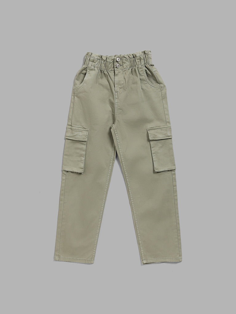 Y&F Kids Solid Light Green Elasticated Cargo Pants