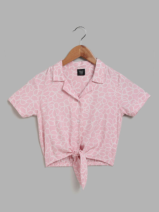 Y&F Kids Pink Doodle Floral Printed Tie Up Shirt