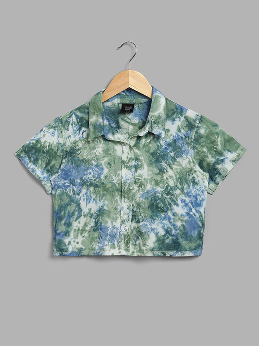 Y&F Kids Green & Blue Tie-Dye Printed Crop Shirt