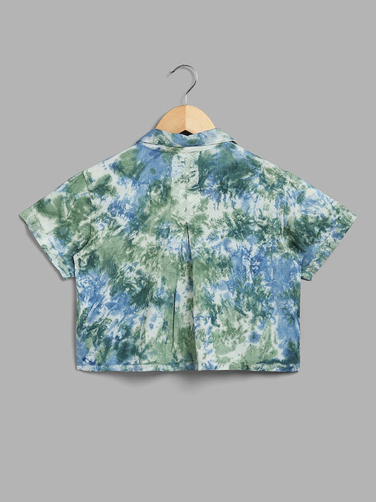 Y&F Kids Green & Blue Tie & Dye Printed Crop Shirt