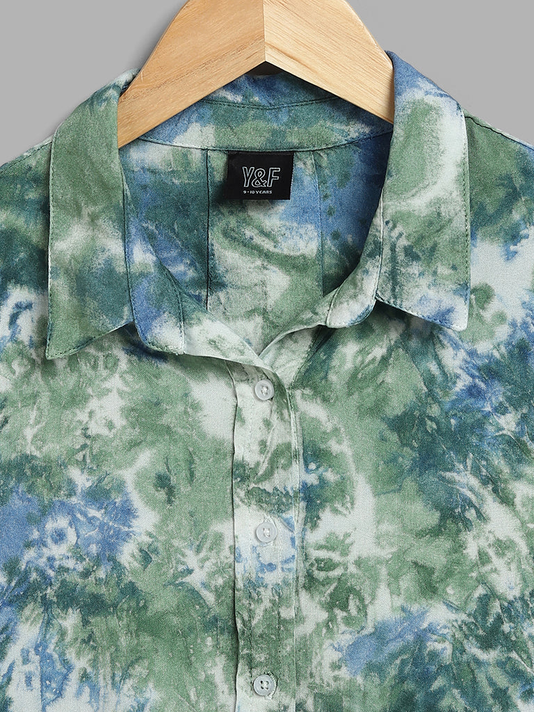 Y&F Kids Green & Blue Tie & Dye Printed Crop Shirt