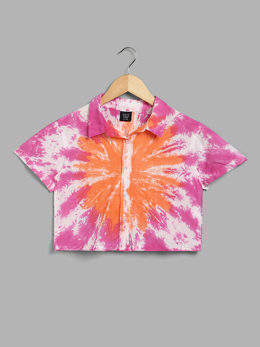 Y&F Kids Pink & Orange Tie-Dye Printed Crop Shirt