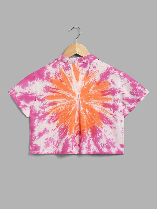 Y&F Kids Pink & Orange Tie & Dye Printed Crop Shirt