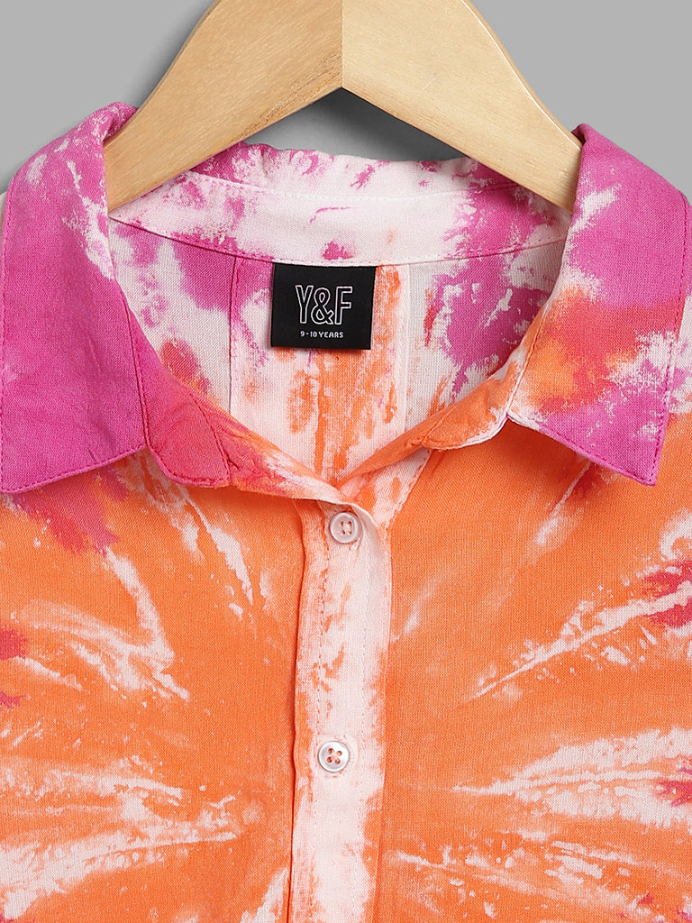 Y&F Kids Pink & Orange Tie & Dye Printed Crop Shirt