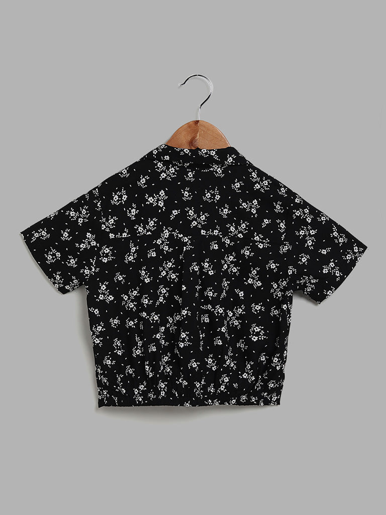 Y&F Kids Black Floral Printed Tie Up Shirt