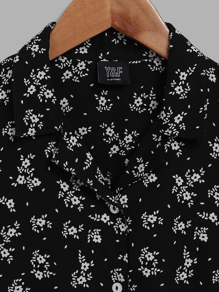 Y&F Kids Black Floral Printed Tie Up Shirt