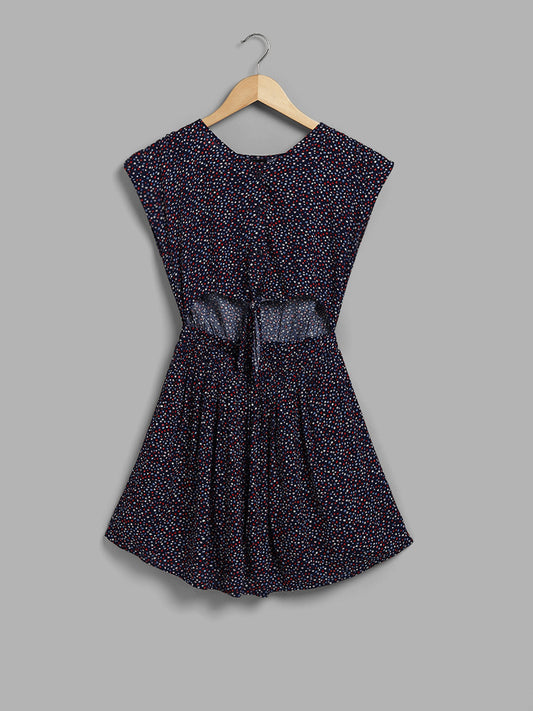 Y&F Kids Navy Blue Floral Printed Cut-Out Dress