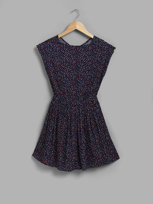 Y&F Kids Navy Blue Floral Printed Cut-Out Dress