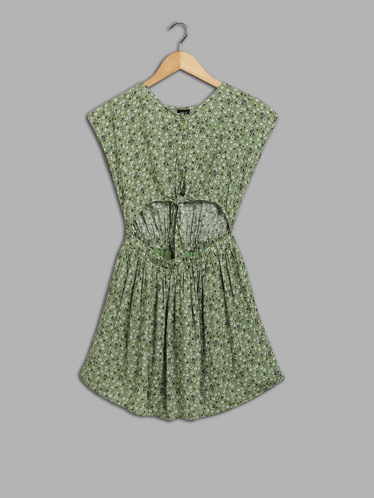 Y&F Kids Sage Green Floral Printed Cut-Out Dress