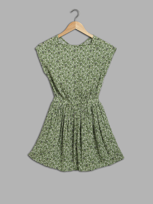 Y&F Kids Sage Green Floral Printed Cut-Out Dress