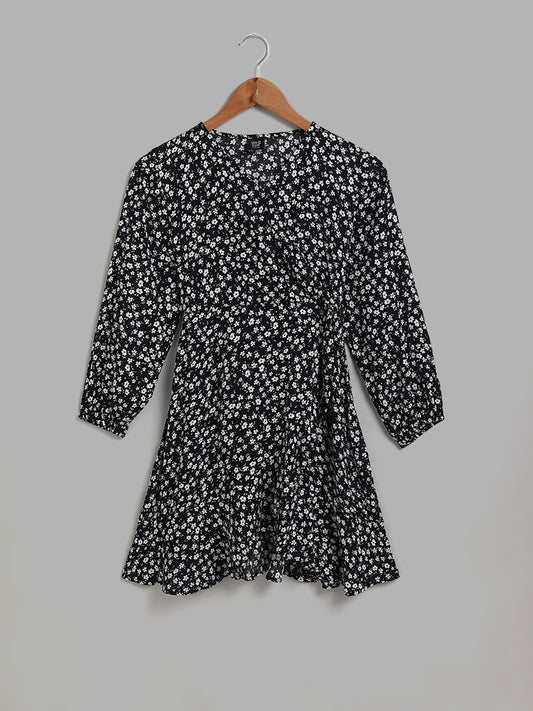 Y&F Kids Floral Printed Black Dress