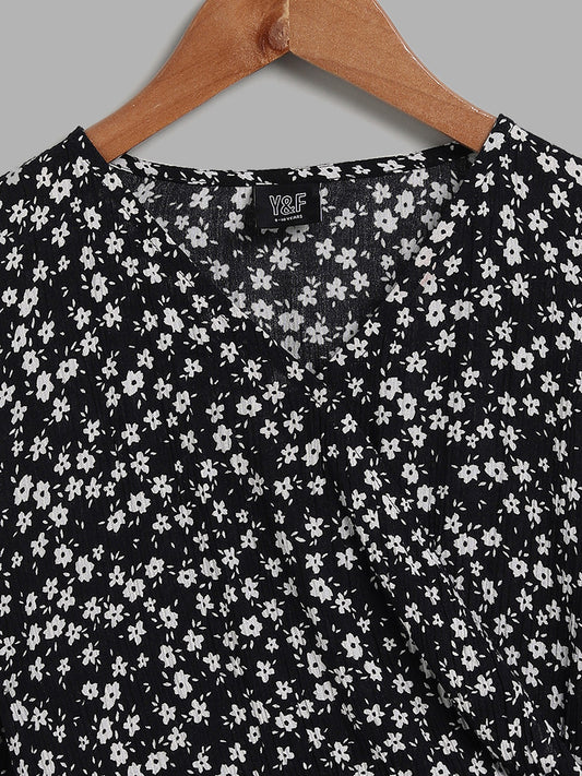 Y&F Kids Floral Printed Black Dress