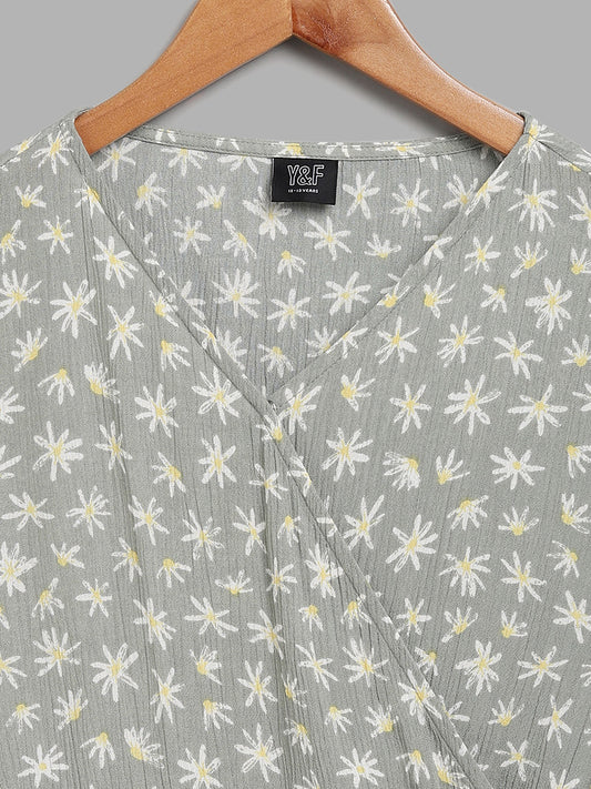 Y&F Kids Sage Floral Printed Fit and Flare Dress