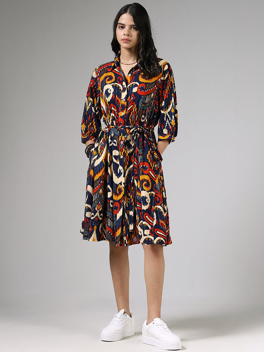 Bombay Paisley Indigo Printed Dress with Fabric Belt