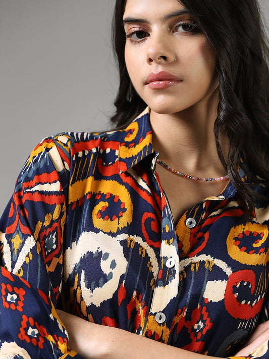 Bombay Paisley Indigo Printed Dress with Fabric Belt
