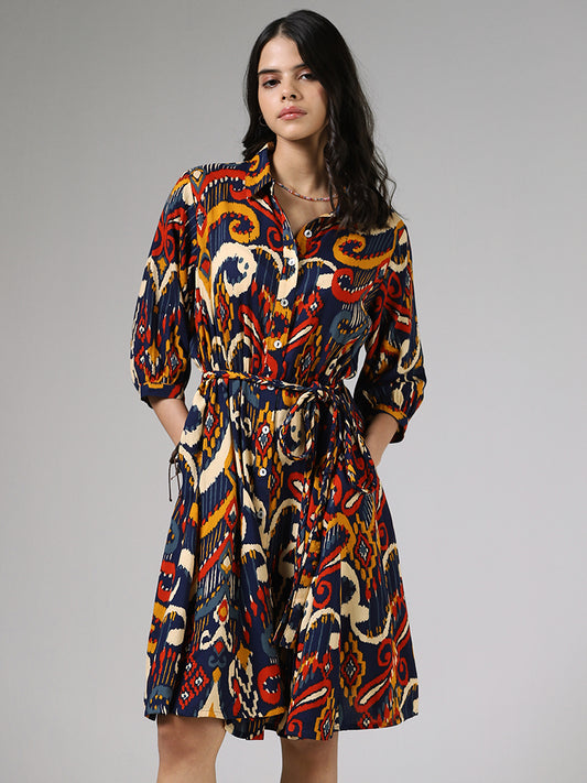 Bombay Paisley Indigo Printed Dress with Fabric Belt