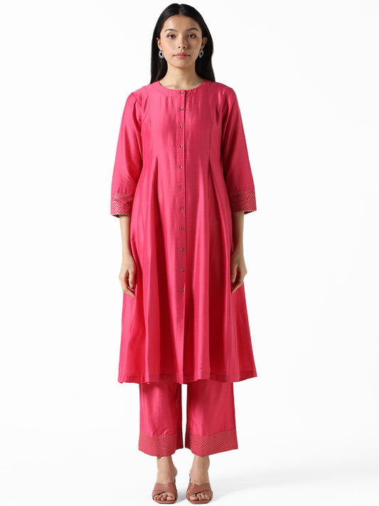 Utsa Fuchsia Pink Embroidered Mid Rise Salwar