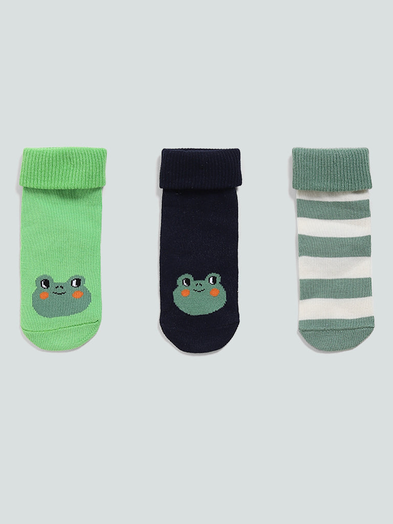 HOP Baby Green Frog Printed Socks - Pack of 3