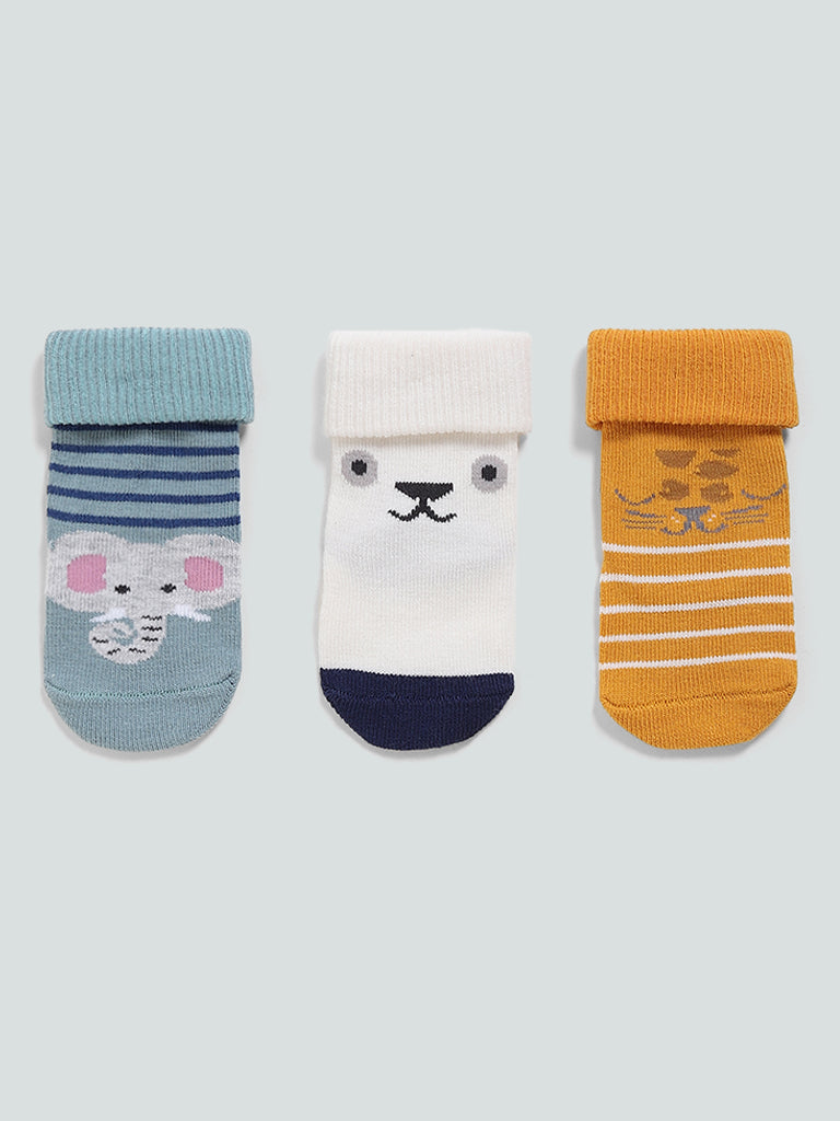 HOP Baby Grey Melange Animal Printed Socks Set- Pack of 3
